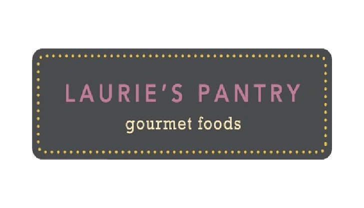A banner of lauries pantry gourmet foods in pink and yellow with black background
